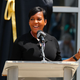 Mayor of Atlanta, Keisha Lance Bottoms, speaks prior to unveiling the Evander Holyfield statue at State Farm Arena on June 25, 2021, in Atlanta, Georgia.